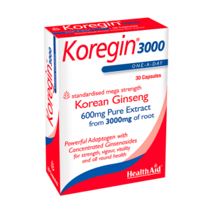 Box of Health Aid Koregin 3000 30 καπάκια, το καθένα περιέχει 600 mg εκχυλίσματος κορεατικού τζίνσενγκ, που διατίθεται στο εμπόριο για δύναμη, σθένος και γενική υγεία.