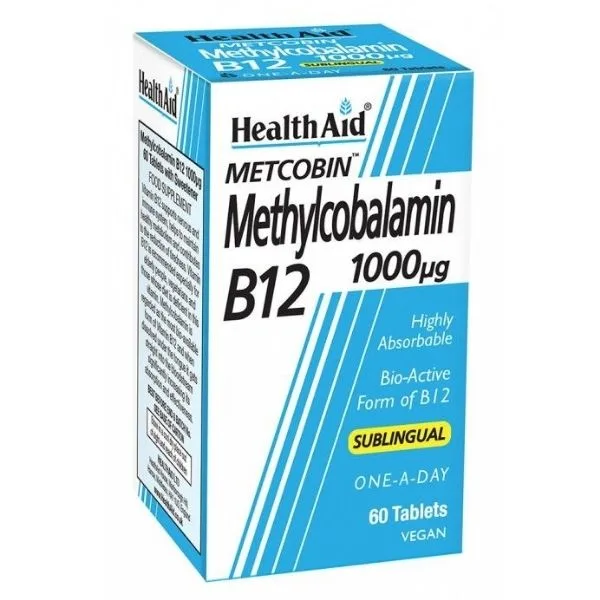 Κουτί Health Aid Metcobin Methylcobalamin B12 1000 µg υπογλώσσια δισκία. Το κείμενο διαβάζει εξαιρετικά απορροφήσιμη, βιοενεργή μορφή, vegan, 60 ταμπλέτες.