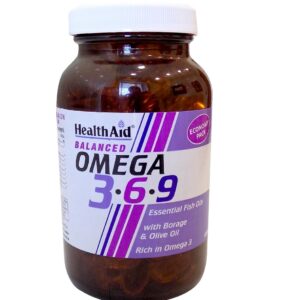 Καφέ μπουκάλι με την ένδειξη "Health Aid Omega 3-6-9 90 caps" με μοβ τόνους, που περιέχει αιθέρια έλαια ψαριών. Το Health Aid Omega 3-6-9 προσφέρει ένα ισορροπημένο μείγμα θρεπτικών συστατικών για την ευεξία σας.