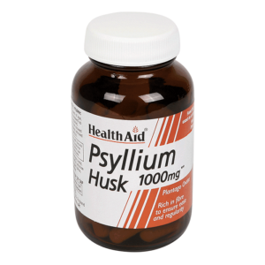 Ένα μπουκάλι Health Aid Psyllium Husk 1000 mg 60 καπάκια, με ετικέτα πλούσιο σε φυτικές ίνες για να εξασφαλίζει ευκολία και κανονικότητα.