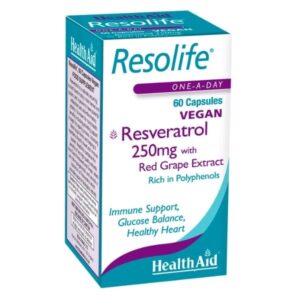 Box of Health Aid Resolife 60 caps Resveratrol 250mg με κάψουλες Red Grape Extract, για υποστήριξη του ανοσοποιητικού, ισορροπία γλυκόζης και υγεία της καρδιάς.