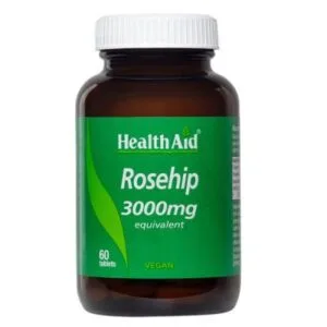 Ένα μπουκάλι Health Aid Rosehip 3000 mg 60 δισκία δισκία, με την ένδειξη "Vegan.