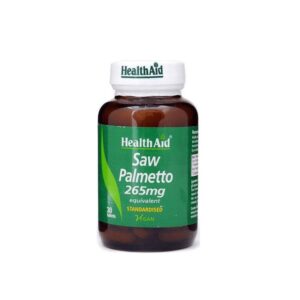 Ένα μπουκάλι Health Aid Saw Palmetto 265 mg που περιέχει 30 vegan ταμπλέτες διαθέτει πράσινη ετικέτα με λευκό κείμενο και λευκό καπάκι, καθιστώντας αυτό το ισχυρό συμπλήρωμα εύκολο να αναγνωριστεί.