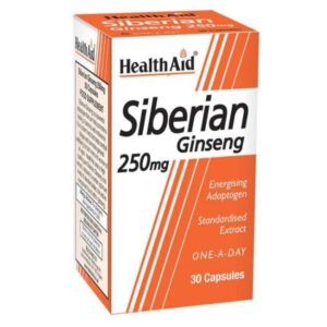 Συμπλήρωμα Box of Health Aid Siberian Ginseng 250 mg, 30 καπάκια, με την ένδειξη "Energising Adaptogen" με πορτοκαλί και λευκό σχέδιο.