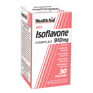 Box of Health Aid Soy Isoflavone Complex 30 ταμπλέτες λαχανικών, που παρουσιάζει τα ισχυρά συστατικά του και τα πολυάριθμα οφέλη για την υγεία.