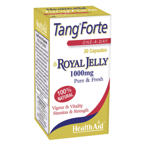 Box of Health Aid Tang Forte Royal Jelly 30 καπάκια, 1000mg ανά κάψουλα. Οι αξιώσεις περιλαμβάνουν "100% φυσικό", "Σθένος και ζωντάνια", "αντοχή και δύναμη.