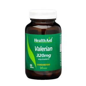 Ένα μπουκάλι Health Aid Εκχύλισμα Βαλεριάνας 320 mg 60 ταμπλέτες. Η πράσινη και λευκή ετικέτα εμφανίζει περήφανα κείμενο "Standarddised Vegan", διασφαλίζοντας ποιότητα και καθαρότητα.