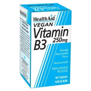 Μπλε και λευκό κουτί Health Aid Vitamin B3, που περιέχει 90 vegan δισκία παρατεταμένης αποδέσμευσης των 250 mg το καθένα.