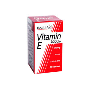 Ένα κουτί με την ένδειξη "Health Aid Vitamin E 1000 IU Natural 30 caps, με κόκκινο και λευκό σχέδιο.