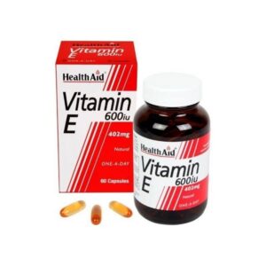 Health Aid Vitamin E 600 IU Φυσικό μπουκάλι συμπληρώματος με κουτί, με την ένδειξη «600 IU», «402 mg» και «60 κάψουλες». Τρεις κάψουλες είναι μπροστά.