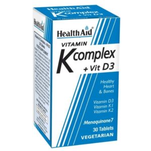 Ένα κουτί Health Aid Vitamin K Complex + Vit D3 30 tabs veg, ιδανικό για την υποστήριξη μιας υγιούς καρδιάς και οστών.