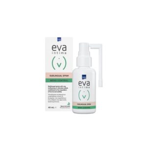 Το υπογλώσσιο σπρέι Intermed Eva Intima Meno-Control 40 ml εκτίθεται δίπλα στη συσκευασία του, αναδεικνύοντας την κομψή σχεδίασή του και το φιλικό προς το χρήστη εφαρμοστή.