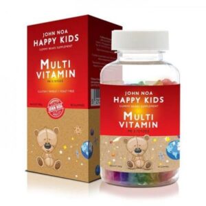 Ένα μπουκάλι John Noa Happy Kids Multi Vitamin 90 gummies δίπλα στο κόκκινο κουτί του με ένα καρτούν αρκουδάκι και διακοσμητικά αστέρια.