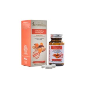 Μπουκάλι και κουτί John Noa Superherbs Curcumin 290 mg & Piperine 10 mg με εικονογραφήσεις κουρκουμά και τρεις κάψουλες μπροστά.