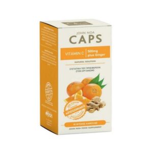 Κουτί John Noa Vitamin C 500 mg & Ginger 30 caps, με ζωηρά πορτοκάλια και φρέσκο τζίντζερ στο μπροστινό μέρος.