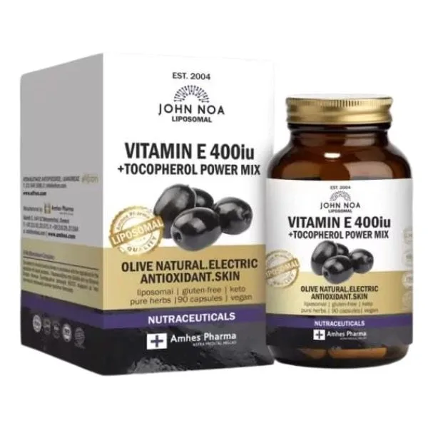 Ένα κουτί και μπουκάλι John Noa VItamin E 400 IU + Tocopherol Power Mix Liposomal 90 κάψουλες, με φυσικό ηλεκτρικό αντιοξειδωτικό ελιάς για το δέρμα.