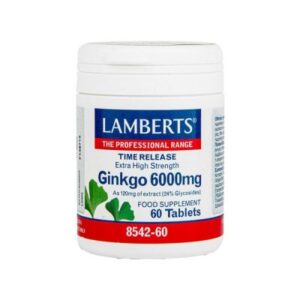 Ένα λευκό μπουκάλι Lamberts Ginkgo Biloba 6000 mg, που περιέχει 60 δισκία.