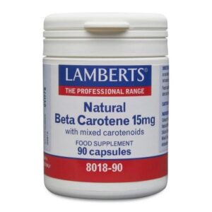 Δοχείο Lamberts Natural Beta Carotene 15 mg 90 καπάκια με ανάμεικτα καροτενοειδή συμπλήρωμα διατροφής, διασφαλίζοντας ότι λαμβάνετε τα απαραίτητα θρεπτικά συστατικά σε μια εύκολη στη λήψη μορφή.