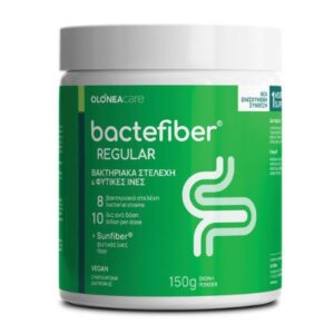 Πράσινο και λευκό βάζο Olonea Bactefiber Regular 210 g σε σκόνη συμπληρώματος διατροφής με ελληνικό κείμενο και λεπτομερείς πληροφορίες προϊόντος.