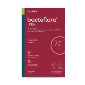 Η συσκευασία του προϊόντος OLONEA Bacteflora Fem 10 veggie caps, που παρουσιάζεται στα ελληνικά, περιλαμβάνει συνβιοτικές κάψουλες σχεδιασμένες για την υγεία της γυναίκας.