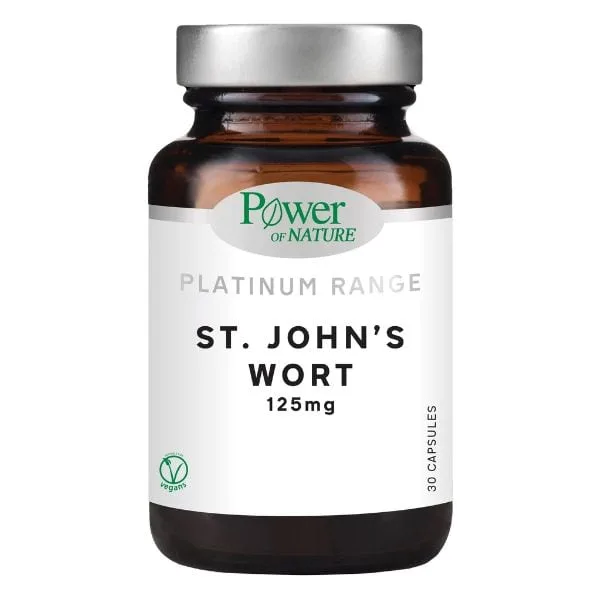 Ένα καφέ μπουκάλι με την ένδειξη "Power of Nature Platinum Range St. John's Wort 125 mg 30 κάψουλες.