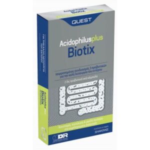 Το κουτί προβιοτικών συμπληρωμάτων Quest Acidophilus Plus Biotix 30 caps διαθέτει λεπτομερείς εικόνες των εντέρων και δίγλωσσο κείμενο στα ελληνικά και τα αγγλικά.