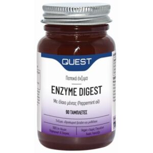 Ένα μπουκάλι Quest Enzyme Digest 90 tabs, που περιέχει λάδι μέντας και καλύπτεται με ασημί βιδωτό καπάκι.