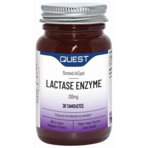 Ένα μπουκάλι Quest Lactase Enzyme 30 tabs, με δισκία 200mg, με ελληνικό κείμενο στην ετικέτα.