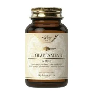 Ένα καφέ μπουκάλι με την ένδειξη "Sky Premium Life L-Glutamine 500mg 60 ταμπλέτες" περιέχει 60 ταμπλέτες, καθιστώντας το απόλυτα κατάλληλο για vegans.
