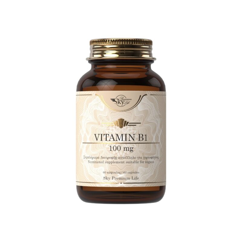 Ένα μπουκάλι Sky Premium Life Vitamin B1 100 mg 60 καπάκια με χρυσό καπάκι και καφέ χρώμα περιέχει 60 κάψουλες.