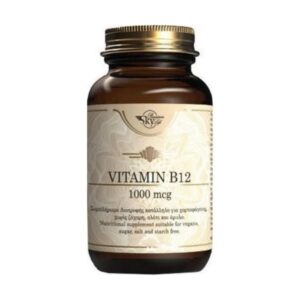 Ένα καφέ μπουκάλι Sky Premium Life Vitamin B12, 1000 mcg, κατάλληλο για vegans. Διαθέτει χρυσό καπάκι και μπεζ ετικέτα με κείμενο.