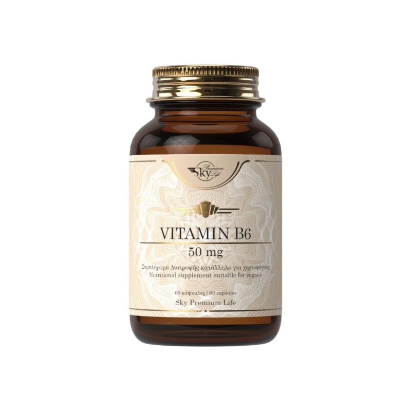 Ένα μπουκάλι Sky Premium Life Vitamin B6 50 mg 60 καπάκια, με μπεζ ετικέτα και χρυσό καπάκι.