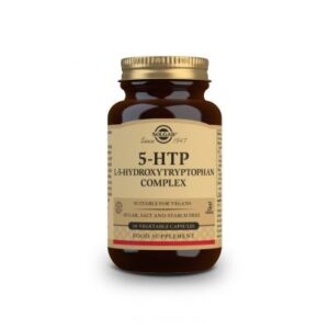 Ένα μπουκάλι Solgar 5-HTP L-5-Hydroxytryptophan Complex, που περιέχει 30 φυτικές κάψουλες, ιδανικό για την υποστήριξη της ευεξίας σας.