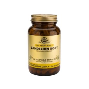 Το καφέ μπουκάλι με την ένδειξη "Solgar Dandelion Root 100 veg. caps" περιέχει 100 κάψουλες λαχανικών, κατάλληλες για vegans.