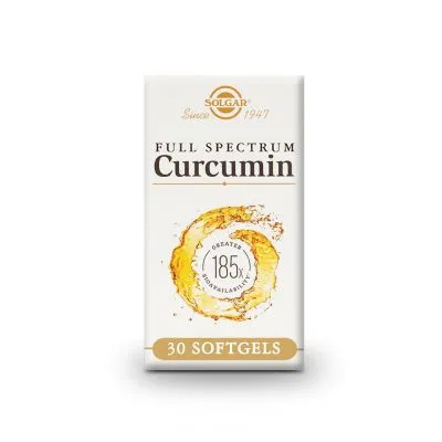 Ένα κουτί μαλακών πηκτωμάτων Solgar Full Spectrum Curcumin 30, με ζωηρό σχέδιο κουρκουμά.