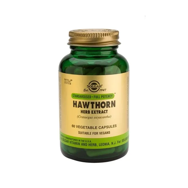 Το Solgar Hawthorne Herb Extract 60 veg.caps, σε πράσινο μπουκάλι, περιέχει 60 κάψουλες λαχανικών και είναι κατάλληλο για vegans.