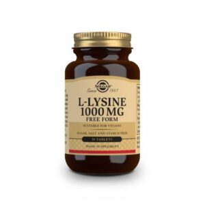 Ένα μπουκάλι Solgar L-Lysine 1000 mg 50 tabs, με την ένδειξη ότι δεν περιέχει ζάχαρη, αλάτι και άμυλο. Αυτό το συμπλήρωμα διασφαλίζει ότι λαμβάνετε L-Lysine υψηλής ποιότητας σε κάθε δόση.