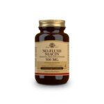 Ένα καφέ μπουκάλι με την ένδειξη "Solgar No-Flush Niacin (B3) 500 mg 50 veg.caps" με κόκκινες και χρυσές πινελιές, που περιέχει 50 φυτικές κάψουλες.