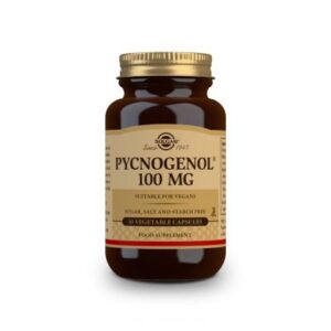 Ένα σκούρο καφέ μπουκάλι Solgar Pycnogenol 100 mg 30 veg.caps με χρυσό καπάκι, ιδανικό για vegans.