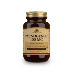 Ένα σκούρο καφέ μπουκάλι Solgar Pycnogenol 100 mg 30 veg.caps με χρυσό καπάκι, ιδανικό για vegans.