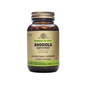 Μπουκάλι Solgar Sfp Rhodiola Root Extract 60 veg. καπάκια, που επισημαίνονται ως κατάλληλα για vegans.