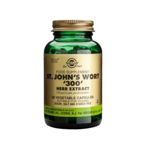 Ένα μπουκάλι Solgar SFP St. John's Wort Herb Extract 300 mg, που περιέχει 50 φυτικές κάψουλες κατάλληλες για vegans.