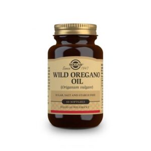 Ένα καφέ μπουκάλι με την ένδειξη "Solgar Wild Oregano Oil 60 Softgels" περιέχει ένα ισχυρό συμπλήρωμα διατροφής.