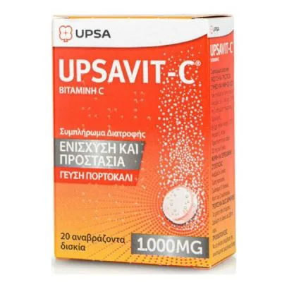 Κουτί με συμπληρώματα βιταμίνης C Upsavit-C, 1000mg, δροσιστική γεύση πορτοκαλιού, περιλαμβάνει 20 αναβράζοντα δισκία με κείμενο διαθέσιμο στα ελληνικά και στα αγγλικά.