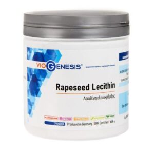 Ένα λευκό δοχείο λεκιθίνης Viogenesis Rapeseed Lecithin 300 g διαθέτει γκρι καπάκι, μπλε γεωμετρικό σχέδιο και δίγλωσσο κείμενο στα Αγγλικά και τα Ελληνικά.