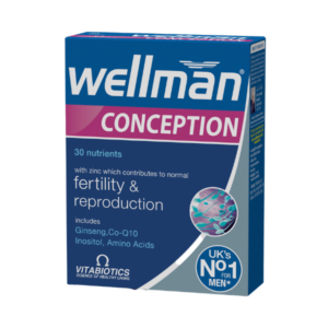 Ένα κουτί Vitabiotics Wellman Conception 30 ταμπλέτες, με 30 βασικά θρεπτικά συστατικά που είναι γνωστό ότι υποστηρίζουν τη γονιμότητα και την αναπαραγωγή.