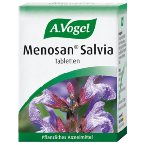 Κουτί με καρτέλες A. Vogel Menoforce Sage 30 με εικόνα μωβ λουλουδιών στο μπροστινό μέρος, παρόμοια με τα δισκία A.Vogel Menosan Salvia.