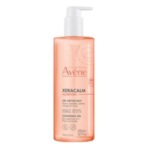 Μπουκάλι Avene Xeracalm Nutrition Cleansing Gel, 500 mL, με δοσομετρητή αντλίας, ειδικά σχεδιασμένο για ξηρό ευαίσθητο δέρμα τόσο στο πρόσωπο όσο και στο σώμα.