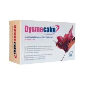 Κουτί Becalm Dysmecalm 60 tabs με σχέδιο κόκκινου φύλλου, που περιέχει 60 ταμπλέτες για την ισορροπία του εμμηνορροϊκού κύκλου. Αποκτήστε ηρεμία κάθε μήνα με την ουσία του Becalm Dysmecalm.