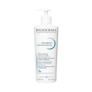 Λευκό μπουκάλι αντλίας με την ένδειξη "Bioderma Atoderm Intensive Baume 500 ml, Ultra-Sothing Balm" με πρόσθετες λεπτομέρειες.